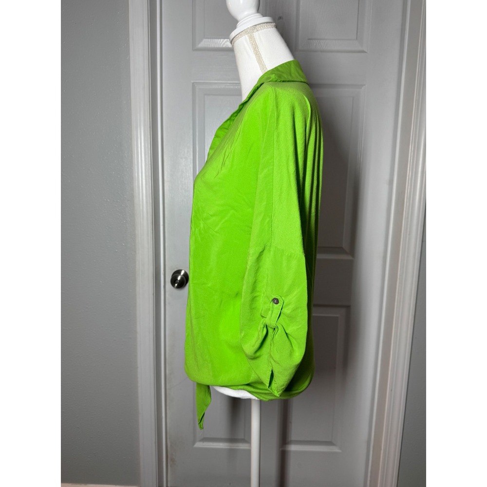 Chaus New York Tie Front Roll Tab Sleeve Blouse M Lime Green Excellent V-Neck - Picture 4 of 6